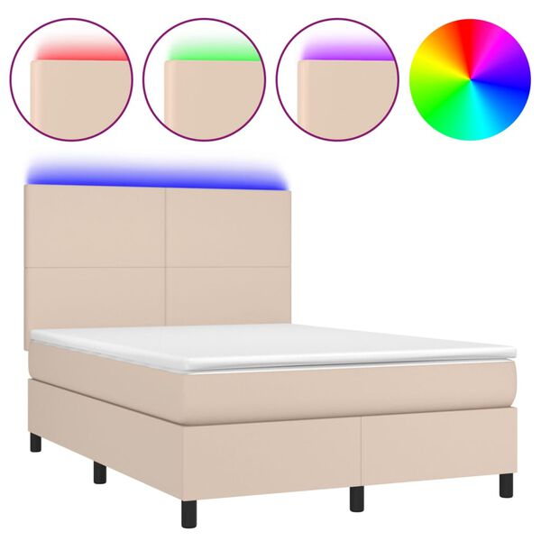 vidaXL Box spring postel matrace a LED cappuccino 140x200cm uměl&aacute; kůže