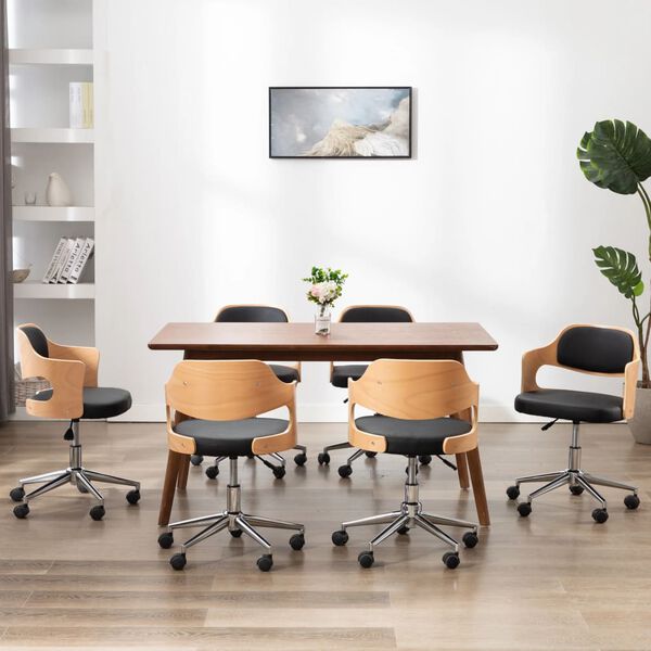 vidaXL Otočn&eacute; j&iacute;deln&iacute; židle 6 ks čern&eacute; oh&yacute;ban&eacute; dřevo a uměl&aacute; kůže