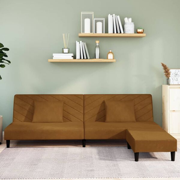 vidaXL 2m&iacute;stn&aacute; rozkl&aacute;dac&iacute; pohovka s 2 pol&scaron;t&aacute;ři a podnožkou hněd&aacute; samet