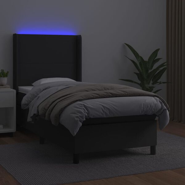 vidaXL Box spring postel s matrac&iacute; a LED čern&aacute; 90x190 cm uměl&aacute; kůže