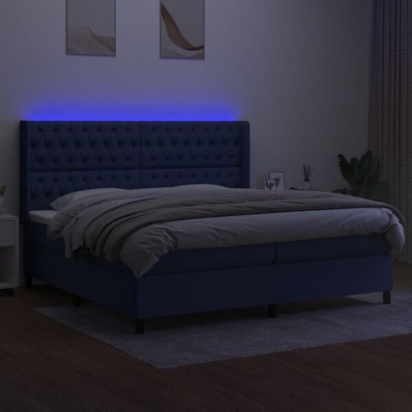 vidaXL Box spring postel s matrac&iacute; a LED modr&aacute; 200x200 cm textil