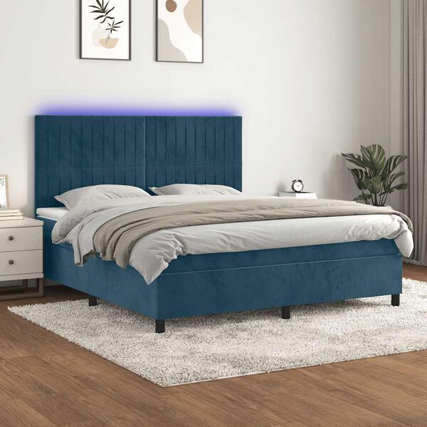 vidaXL Box spring postel s matrac&iacute; a LED tmavě modr&aacute; 160x200 cm samet