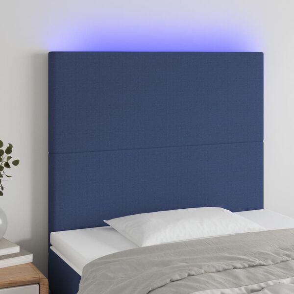 vidaXL Čelo postele s LED modré 100x5x118/128 cm textil