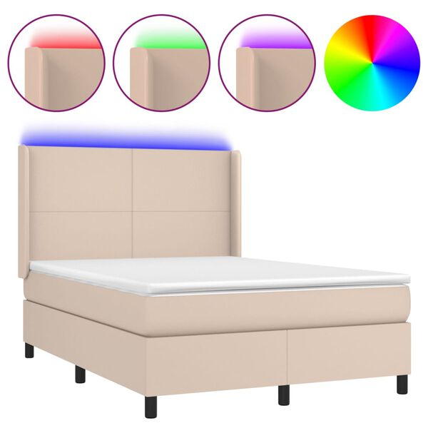 vidaXL Box spring postel matrace a LED cappuccino 140x190cm uměl&aacute; kůže
