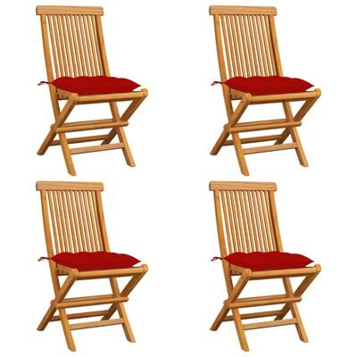 vidaXL Zahradní židle s červenými poduškami 4 ks masivní teak