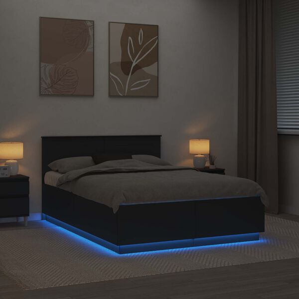 vidaXL R&aacute;m postele s LED p&aacute;sky Čern&aacute; 150 x 200 cm kompozitn&iacute; dřevo