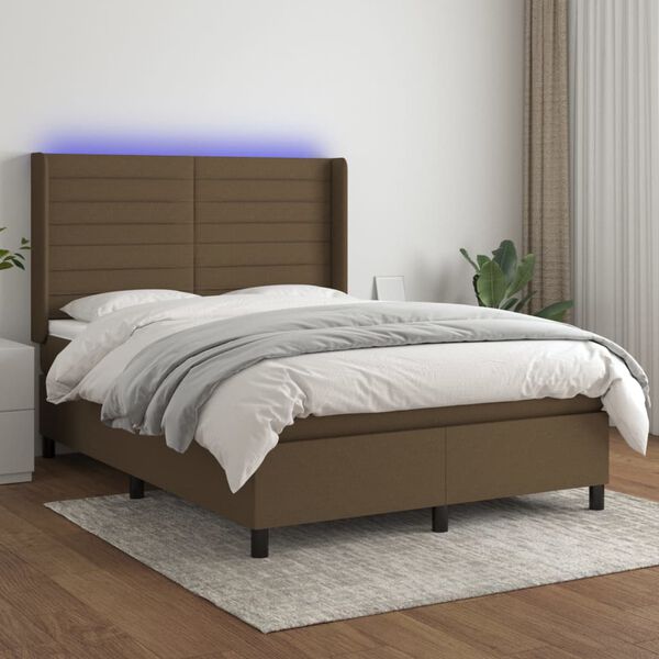vidaXL Box spring postel s matrac&iacute; a LED tmavě hněd&aacute; 140x190 cm textil