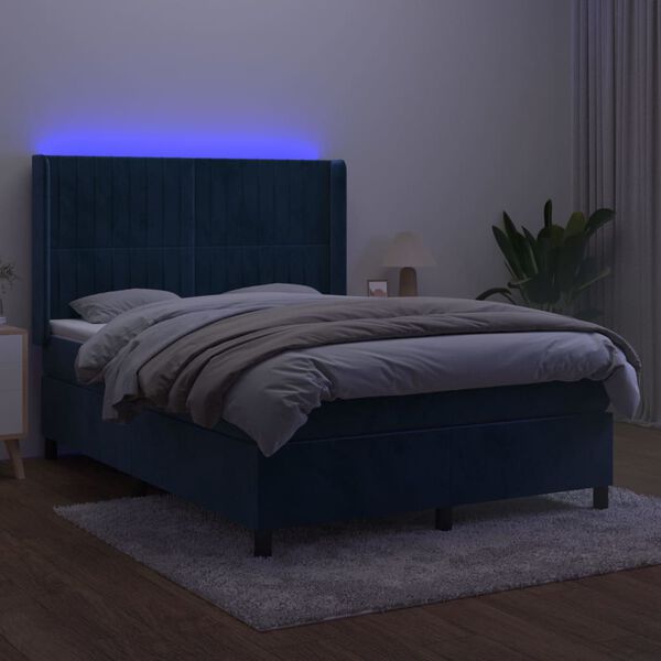 vidaXL Box spring postel s matrac&iacute; a LED tmavě modr&aacute; 140x200 cm samet