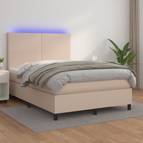 vidaXL Box spring postel matrace a LED cappuccino 140x200cm uměl&aacute; kůže