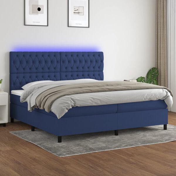 vidaXL Box spring postel s matrac&iacute; a LED modr&aacute; 200x200 cm textil