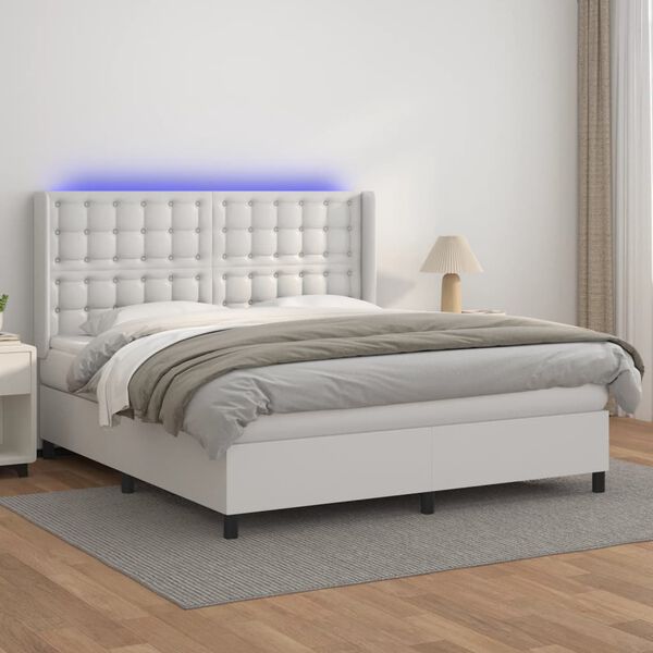 vidaXL Box spring postel s matrac&iacute; a LED b&iacute;l&aacute; 180x200 cm uměl&aacute; kůže