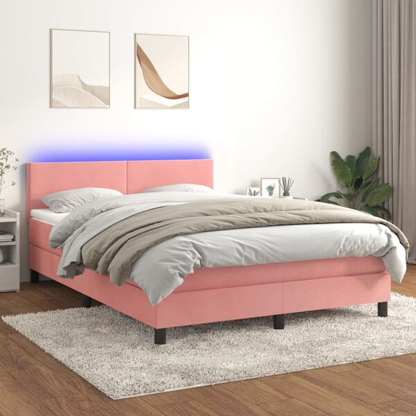 vidaXL Box spring postel s matrac&iacute; a LED růžov&aacute; 140x190 cm samet