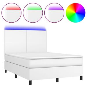 vidaXL Box spring postel s matrac&iacute; a LED b&iacute;l&aacute; 140x200 cm uměl&aacute; kůže