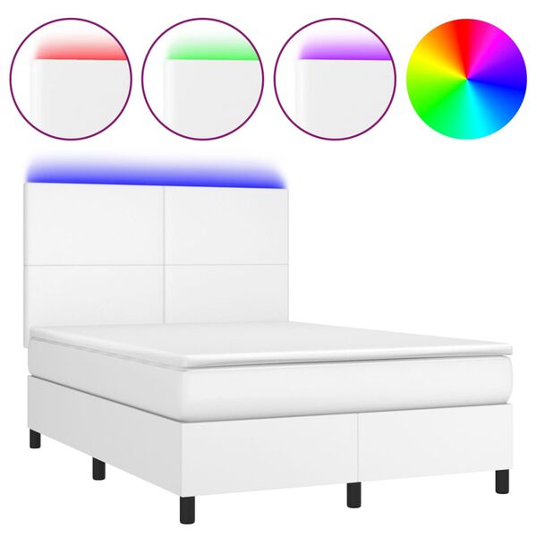 vidaXL Box spring postel s matrac&iacute; a LED b&iacute;l&aacute; 140x200 cm uměl&aacute; kůže