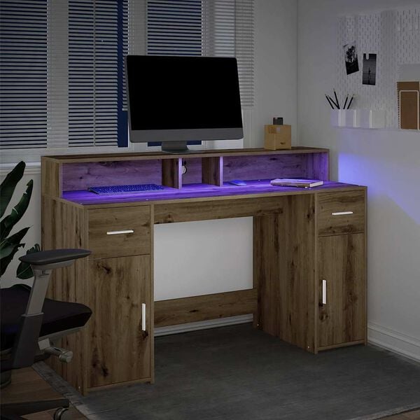 vidaXL Psac&iacute; stůl s LED dub artisan 140 x 55 x 91 cm kompozitn&iacute; dřevo