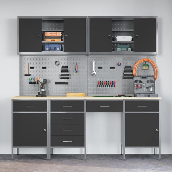 vidaXL Pracovn&iacute; skř&iacute;ň se z&aacute;suvkou 10 pcs Čern&aacute; Inžen&yacute;rsk&eacute; dřevo a ocel