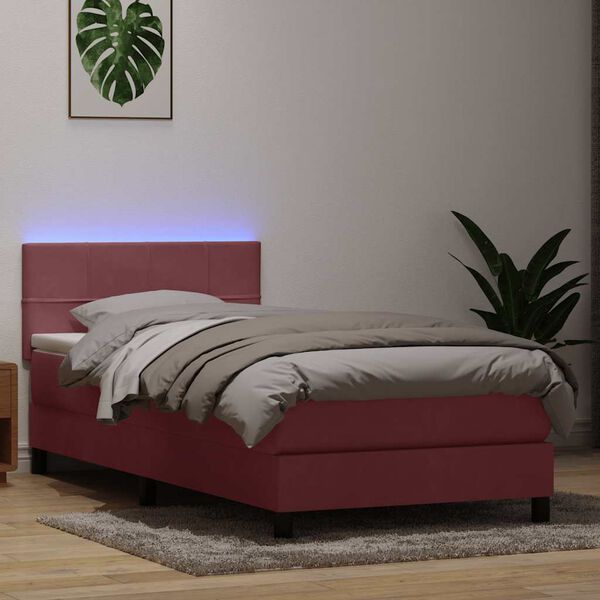 vidaXL Box spring postel s matrac&iacute; a LED růžov&yacute; 90x220 cm samet