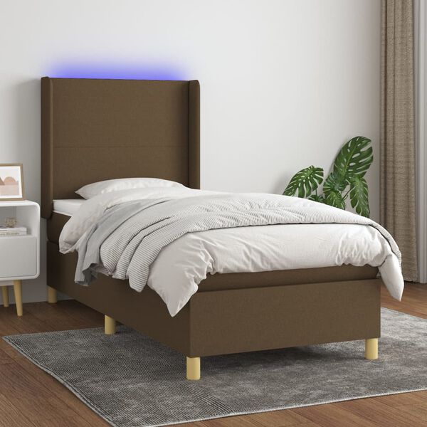 vidaXL Box spring postel s matrac&iacute; a LED tmavě hněd&aacute; 100x200 cm textil