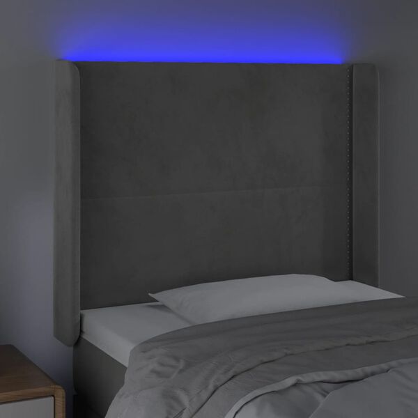 vidaXL Čelo postele s LED světle &scaron;ed&eacute; 93x16x118/128 cm samet