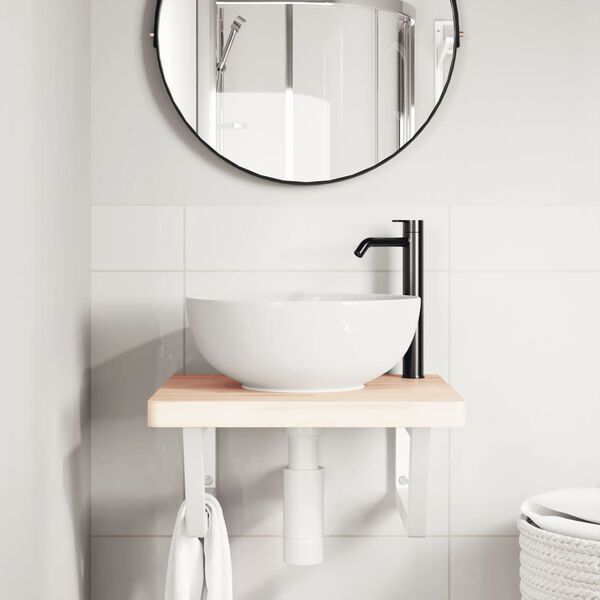 vidaXL Deska pod umyvadlo n&aacute;stěnn&aacute; ocel a masivn&iacute; bukov&eacute; dřevo