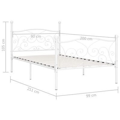 vidaXL Rám postele s laťkovým roštem bílý kov 90 x 200 cm