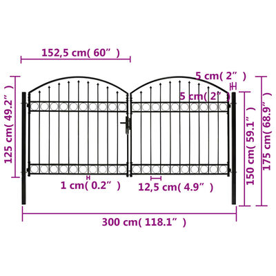 vidaXL Dvoukřídlá zahradní brána s obloukem ocelová 300 x 125 cm černá