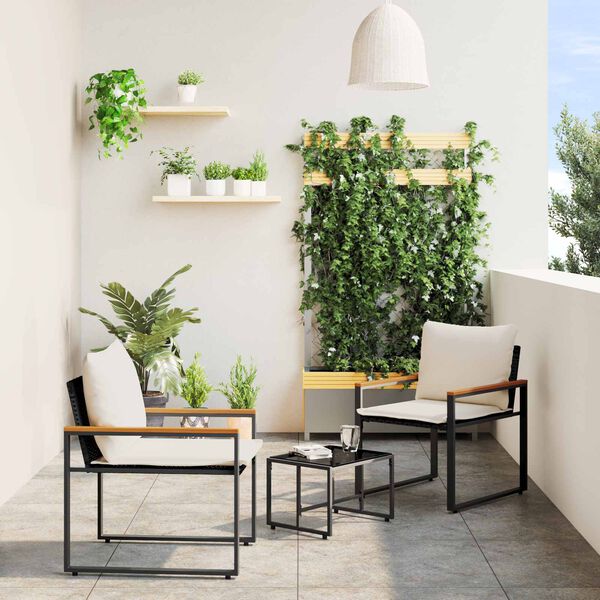 vidaXL N&aacute;bytkov&eacute; sety s pol&scaron;t&aacute;řem 3 pcs Čern&aacute; a kr&eacute;mově b&iacute;l&aacute; Ratan