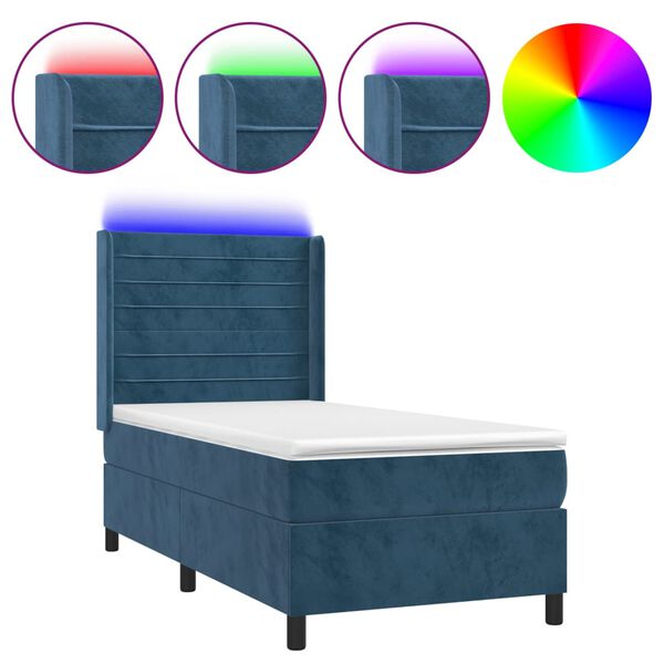 vidaXL Box spring postel s matrac&iacute; a LED tmavě modr&aacute; 90x190 cm samet