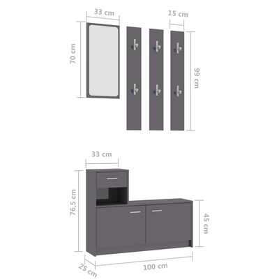 vidaXL Nábytek do předsíně šedý vysoký lesk 100x25x76,5 cm dřevotříska