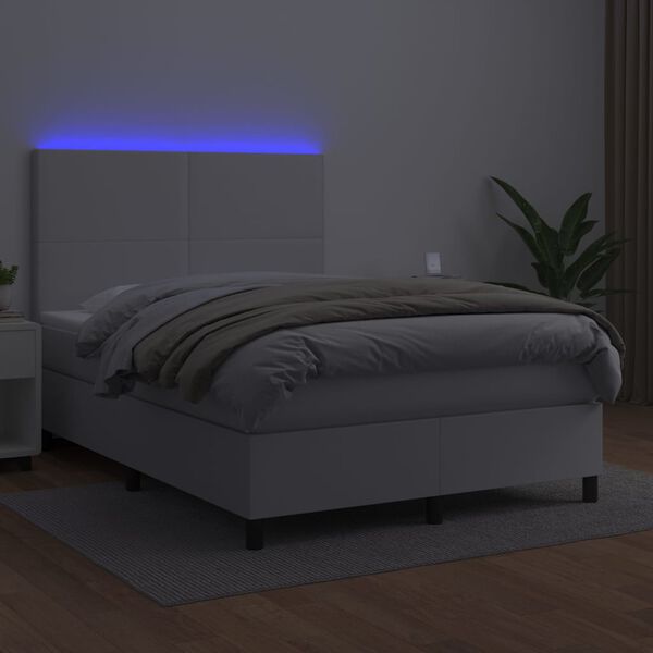 vidaXL Box spring postel s matrac&iacute; a LED b&iacute;l&aacute; 140x200 cm uměl&aacute; kůže