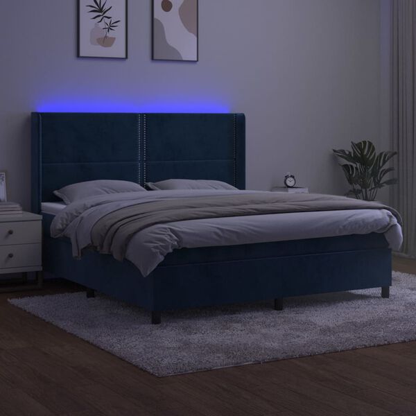 vidaXL Box spring postel s matrac&iacute; a LED tmavě modr&aacute; 180x200 cm samet
