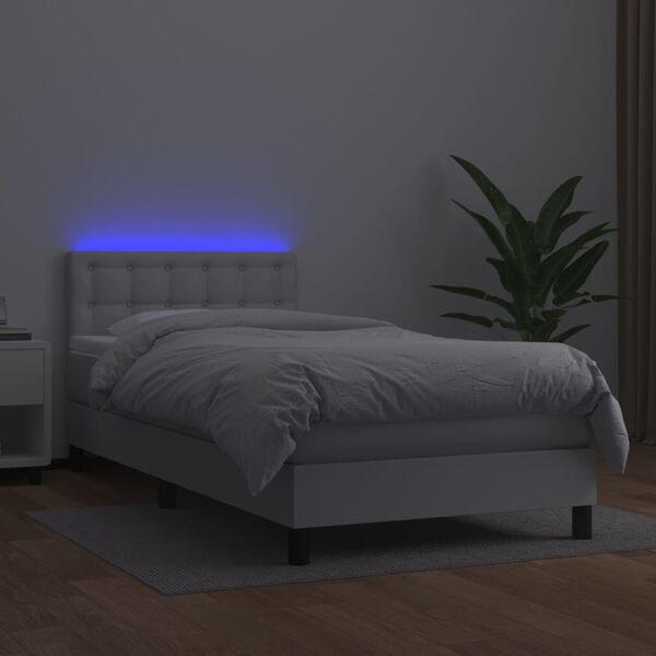 vidaXL Box spring postel s matrac&iacute; a LED b&iacute;l&aacute; 90x190 cm uměl&aacute; kůže