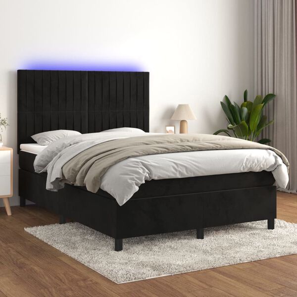 vidaXL Box spring postel s matrac&iacute; a LED čern&aacute; 140x190 cm samet