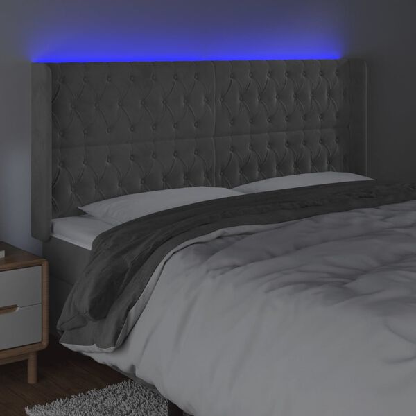 vidaXL Čelo postele s LED světle &scaron;ed&eacute; 183 x 16 x 118/128 cm samet