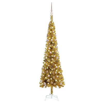 vidaXL Úzký vánoční stromek s LED a sadou koulí zlatý 210 cm