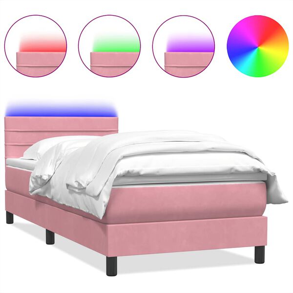 vidaXL Box spring postel s matrac&iacute; a LED růžov&aacute; 90x210 cm samet