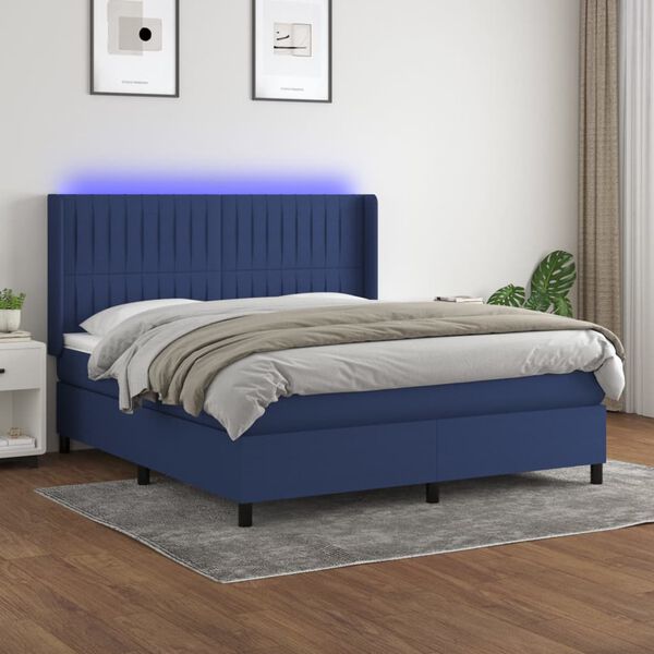vidaXL Box spring postel s matrac&iacute; a LED modr&aacute; 160x200 cm textil