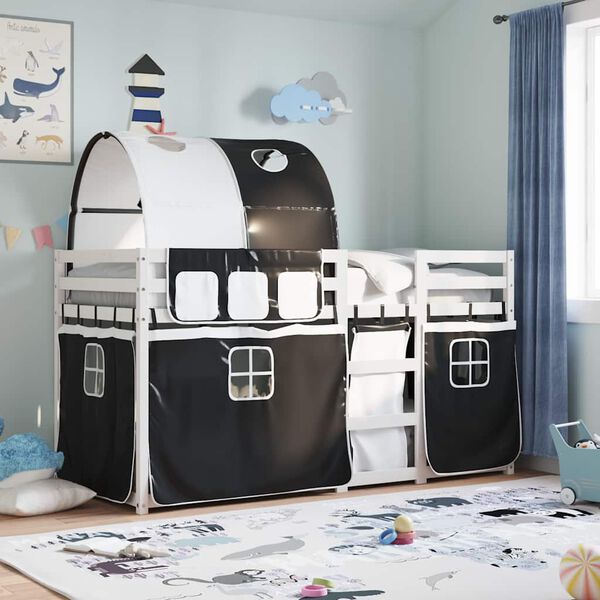 vidaXL Dětská patrová postel se závěsy bílá a černá 90x190 cm borovice