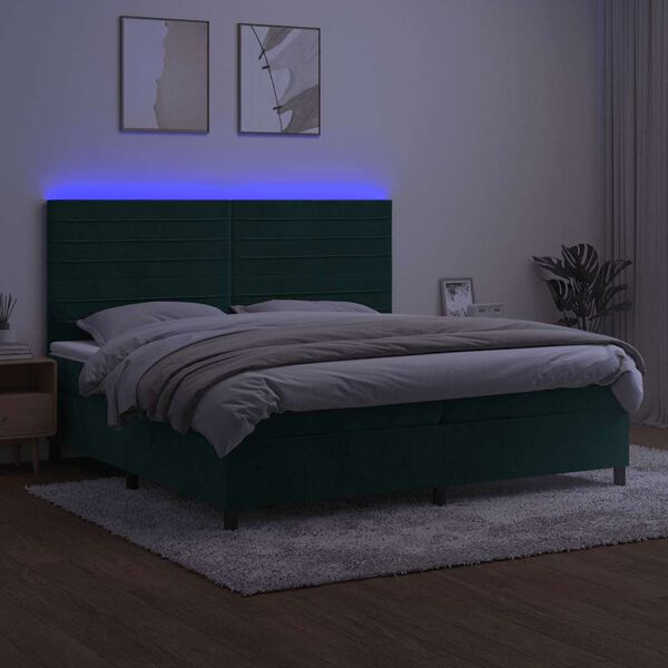 vidaXL Box spring postel s matrac&iacute; a LED tmavě zelen&aacute; 200x200 cm samet