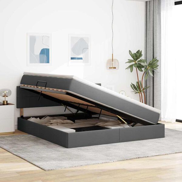 vidaXL Postel s &uacute;ložn&yacute;m prostorem a LED osvětlen&iacute;m Tmavě &scaron;ed&aacute; textil