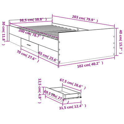 vidaXL Rám postele se zásuvkami černý 100 x 200 cm kompozitní dřevo