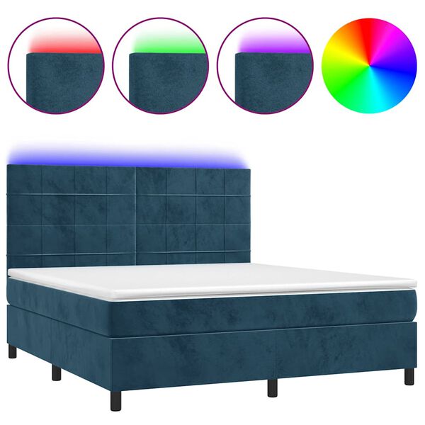 vidaXL Box spring postel s matrac&iacute; a LED tmavě modr&aacute; 180x200 cm samet