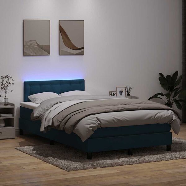vidaXL Box spring postel s matrac&iacute; a LED tmavě modr&aacute; 120x220 cm samet