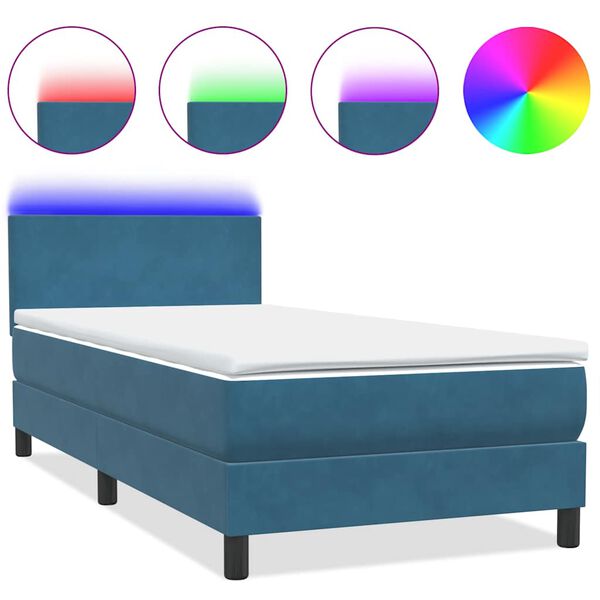 vidaXL Box spring postel s matrac&iacute; a LED tmavě modr&aacute; 90x220 cm samet