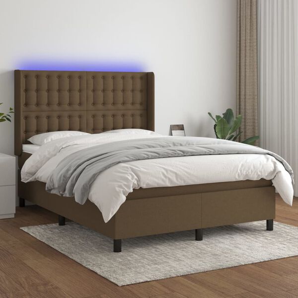 vidaXL Box spring postel s matrac&iacute; a LED tmavě hněd&aacute; 140x200 cm textil