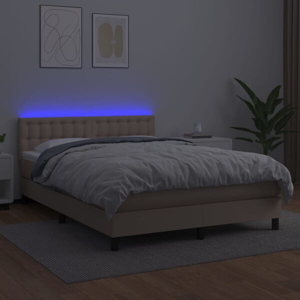 vidaXL Box spring postel matrace a LED cappuccino 140x200cm uměl&aacute; kůže