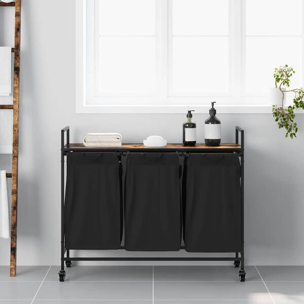 vidaXL Koš na prádlo se 3 přihrádkami a kolečky kouřový dub