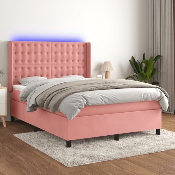 vidaXL Box spring postel s matrac&iacute; a LED růžov&aacute; 140x200 cm samet