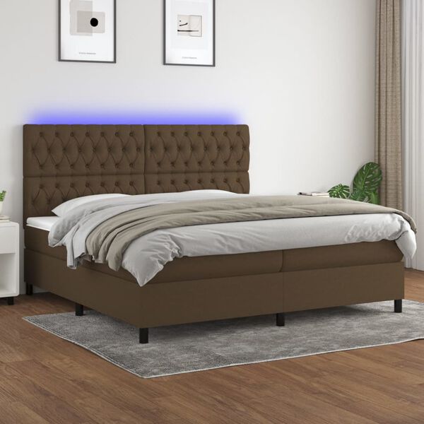 vidaXL Box spring postel s matrac&iacute; a LED tmavě hněd&aacute; 200x200 cm textil