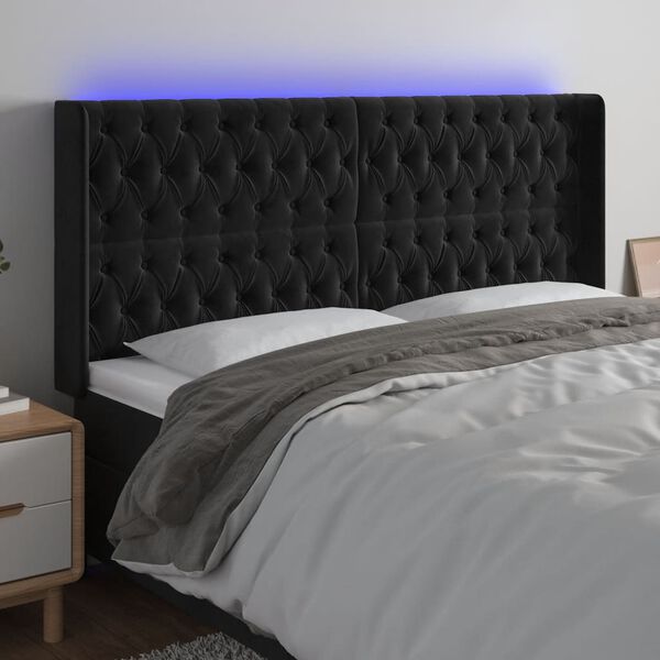 vidaXL Čelo postele s LED čern&eacute; 203 x 16 x 118/128 cm samet